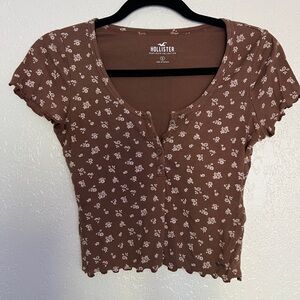 Hollister Brown Floral Baby Tee Crop Top Lettuce Hem Y2K